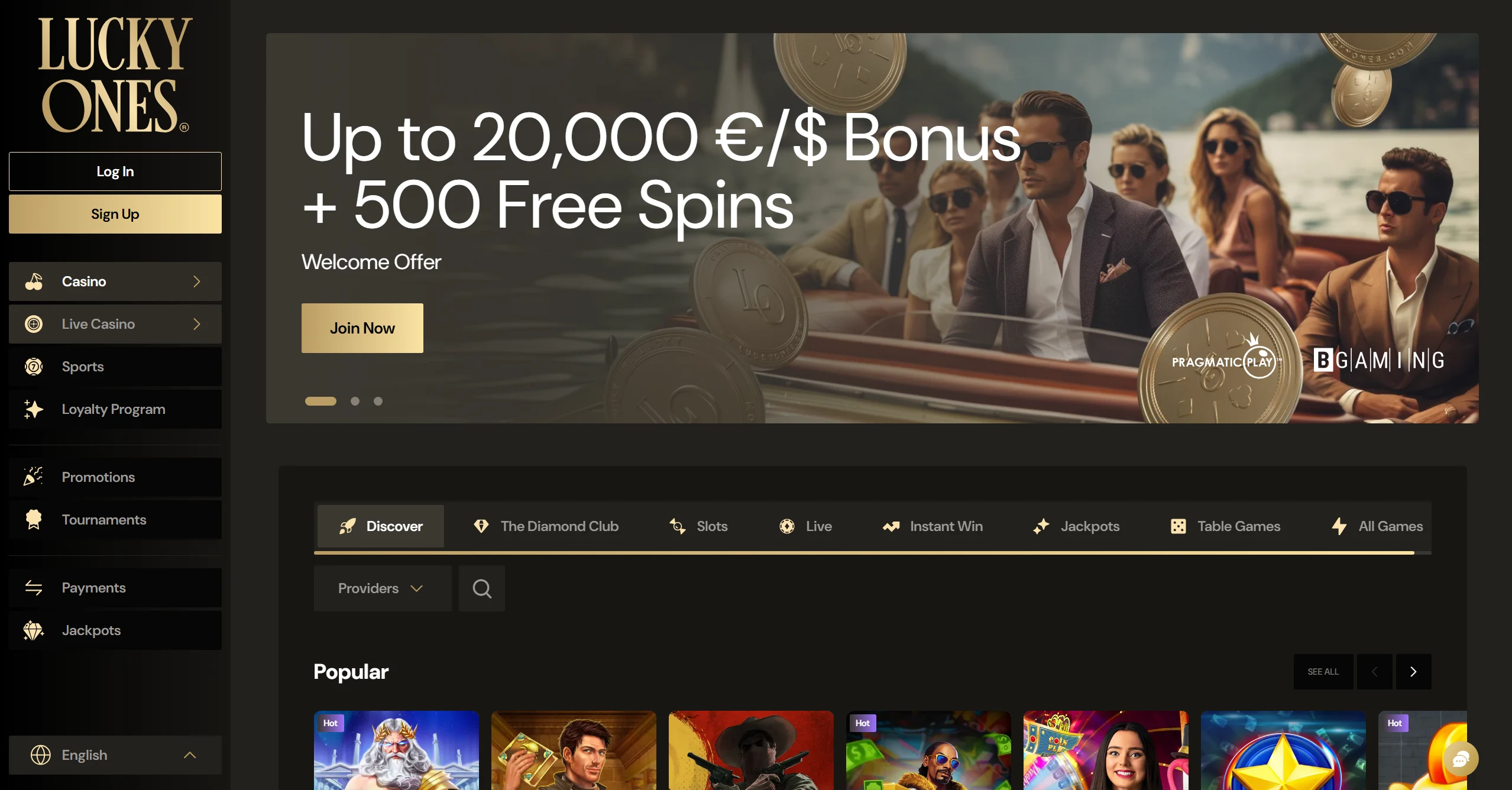 LuckyOnes frontpage with welcome bonus and popular pokies